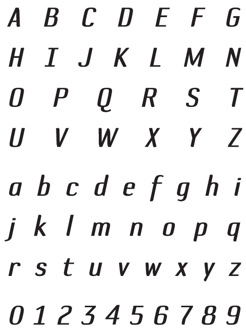 DefaultGothic_CGaugeItalic – Uppercase, Lowercase and Numerals Default Gothic Font C Gauge Italic